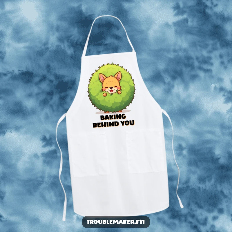 Funny mischievous animal character hiding behind a large, smiling bush, on a functional kitchen apron.