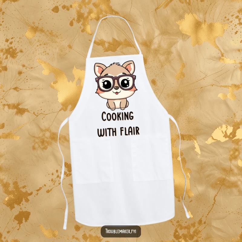 Funny playful animal character wearing oversized glasses and winking, on a functional kitchen apron.