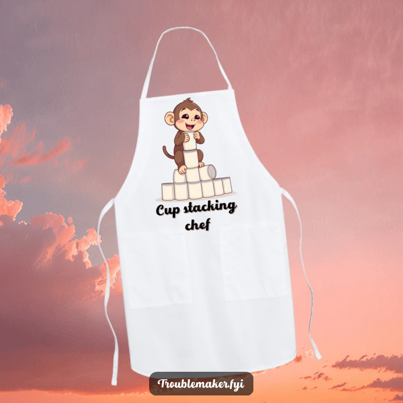 Funny Balance Monkey Apron of a monkey balancing a tall tower of empty cups precariously, ready for kitchen chaos, great funny gift.