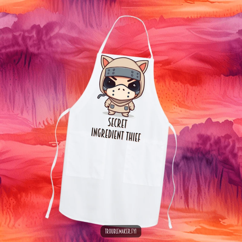 Funny apron shows a troublemaker in a tiny bandit mask winking, bringing kitchen fun and a playful twist.