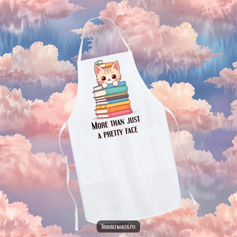 Funny cat apron showing a mischievous cat peeking over a stack of books, perfect for a humorous and functional kitchen accessory.