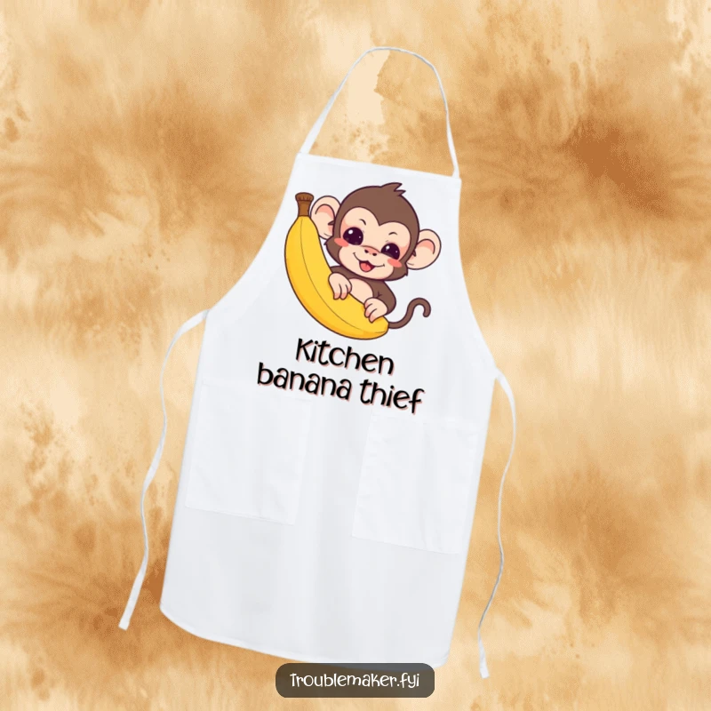 Funny Apron: A cute troublemaker monkey peeks from behind a banana, ready for a tasty bite.