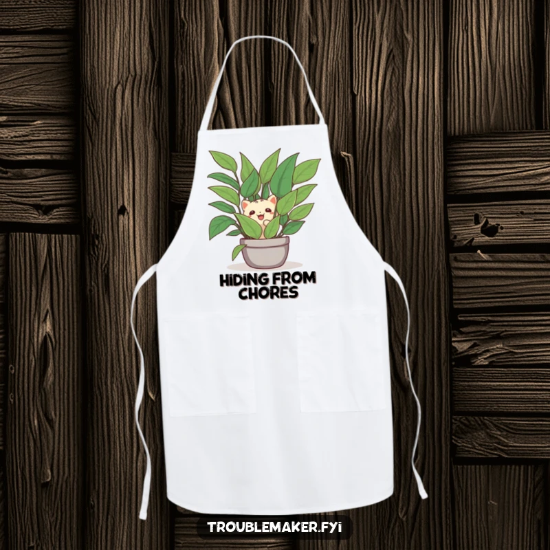 Funny apron illustration of a creature hiding behind a houseplant, a humorous design for kitchen tranquility.