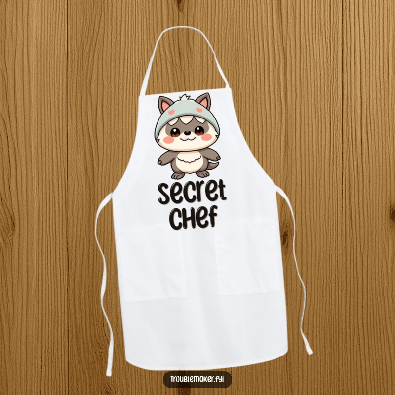 Funny apron depicting a creature with a funny expression and a silly disguise, perfect for adding humor and personality to cooking activities.