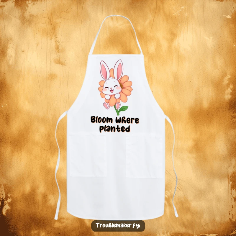 Funny apron featuring a giggling bunny hiding behind a large flower, adding a playful and humorous touch to cooking.