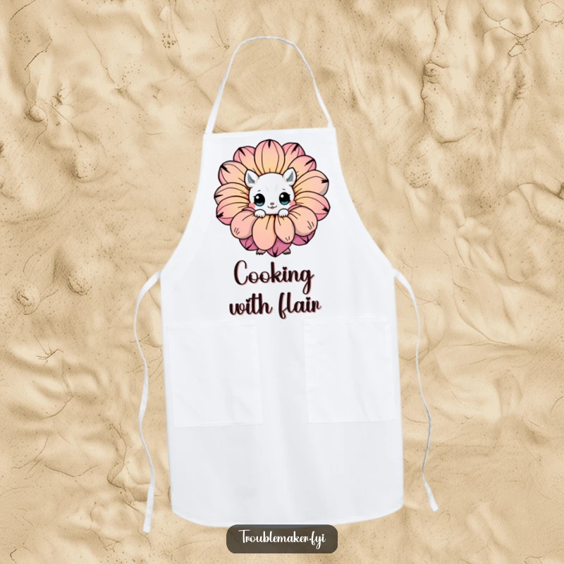 Funny apron depicting a creature with expressive eyes hiding behind a large, colorful flower, perfect for kitchen fun.