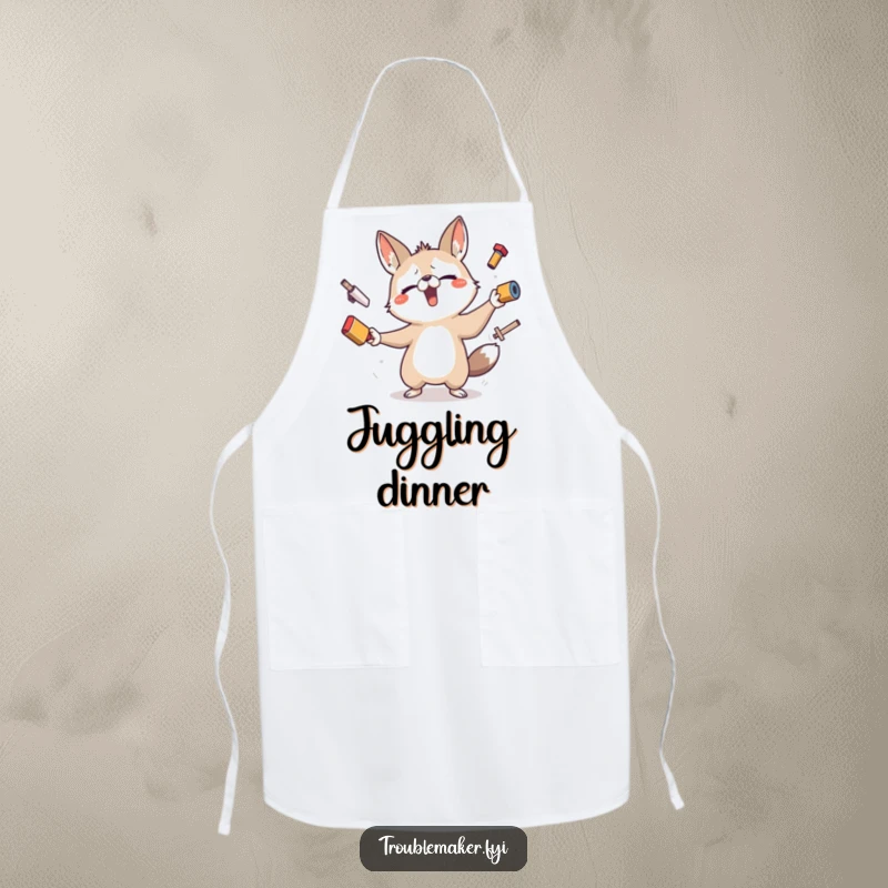 Funny apron with a mischievous animal character comically juggling cooking utensils, implying kitchen chaos and humor.