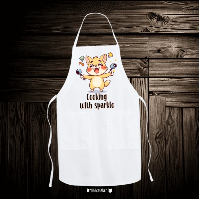 Funny Apron with a mischievous animal character juggling shiny objects, perfect for adding humor to your cooking adventures.
