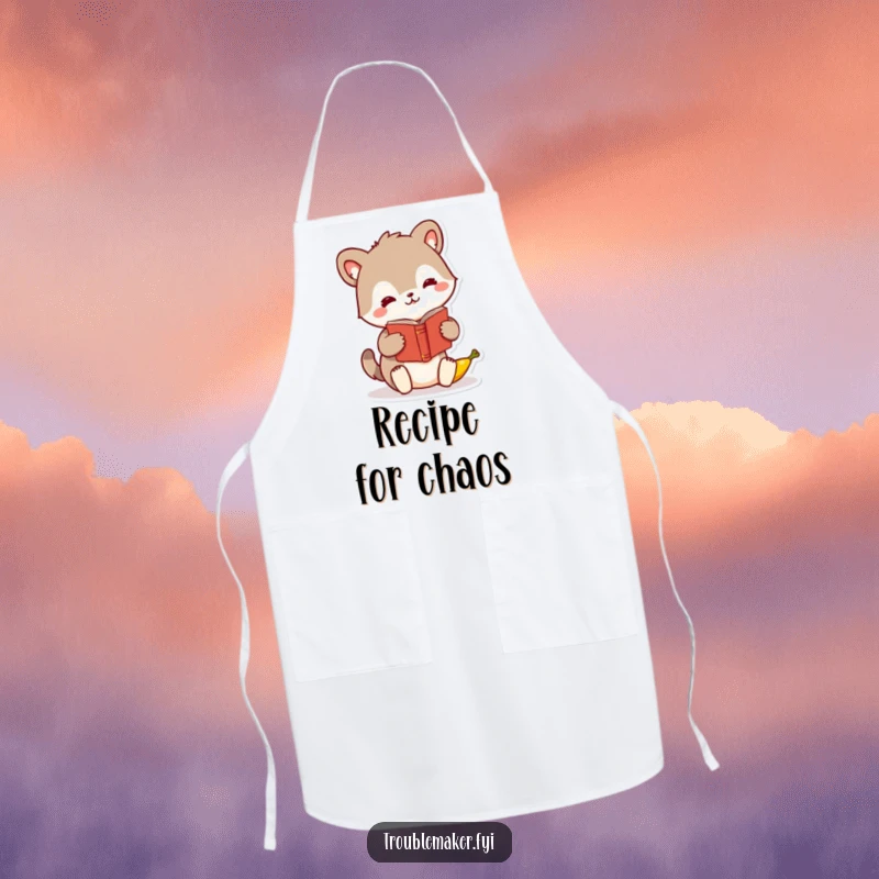 Funny animal character apron, humorously swapping a book for a banana, perfect for enjoyable, funny cooking.