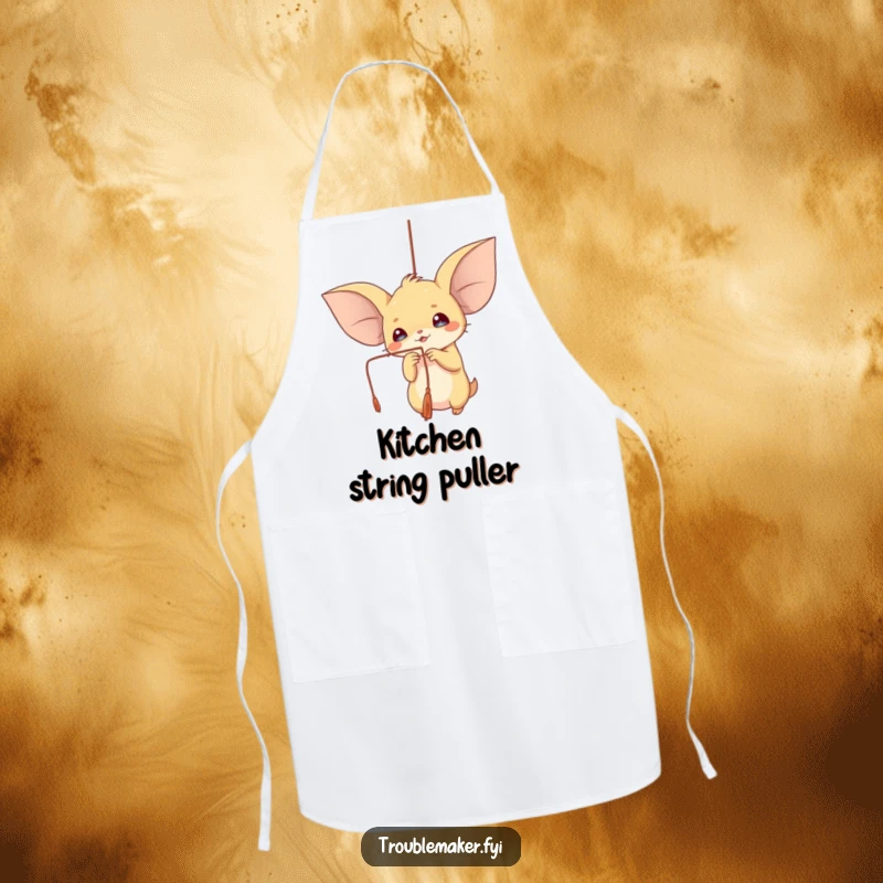 Funny apron depicting a creature with large ears playfully batting at a dangling string, perfect for kitchen fun.
