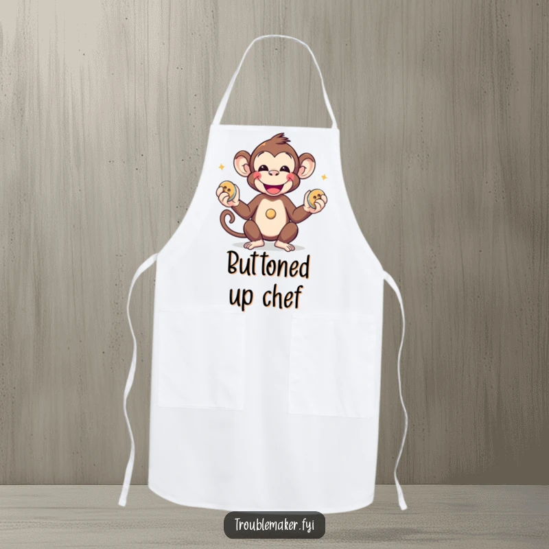 Funny monkey juggling buttons, illustrated on a functional and fun cooking apron.