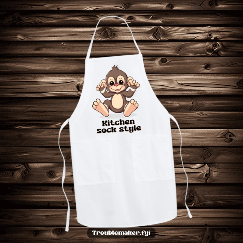 Funny apron showing a monkey playfully wearing oversized, mismatched socks, perfect for kitchen fun and adding a unique flair.