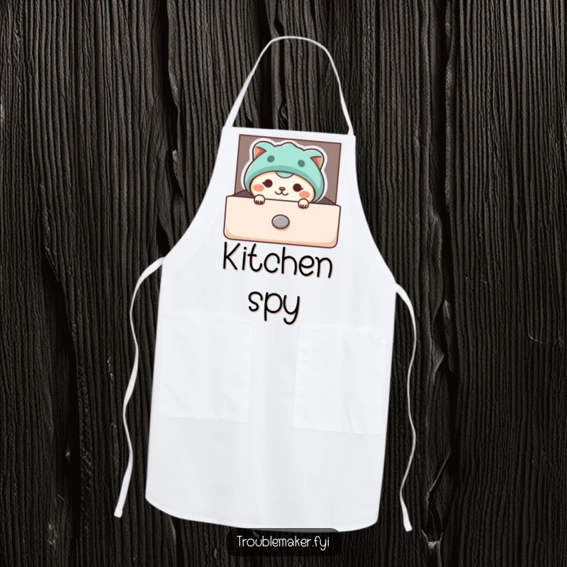 Funny apron with a mischievous animal character peeking from a slightly open drawer, suggesting playful kitchen antics and humor.