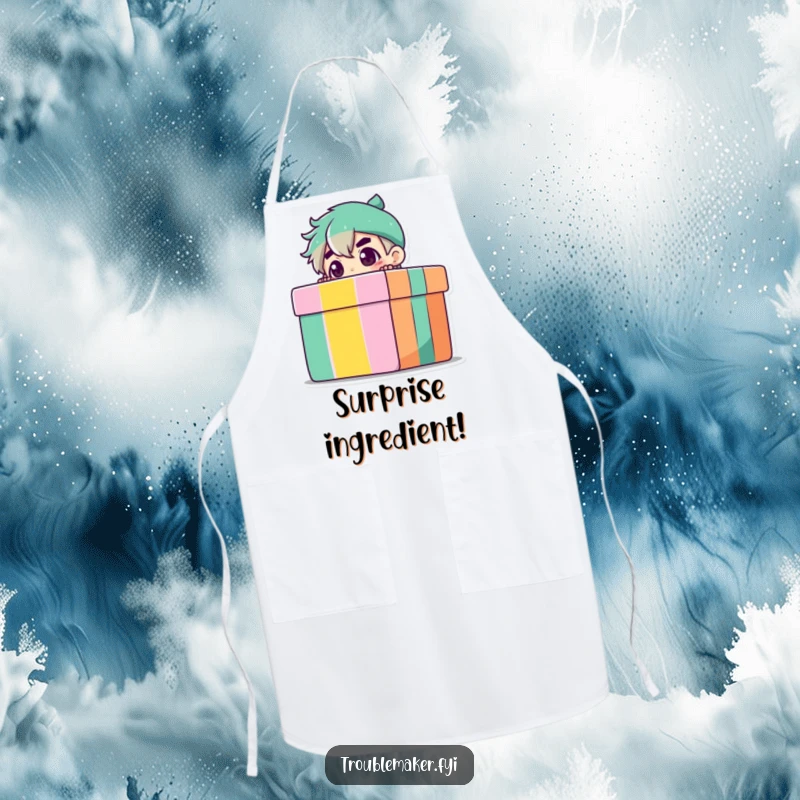 Funny Apron showing a troublemaker character peeking from a gift box, perfect for keeping clothes clean while serving up smiles.