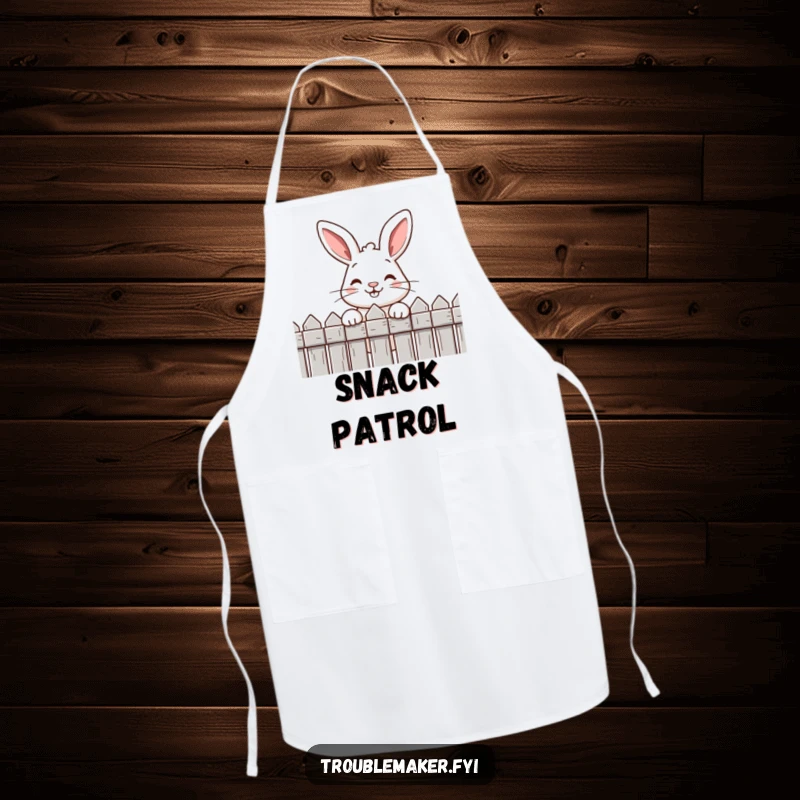Funny apron with a mischievous rabbit's head and cheeky grin peeking over a fence, perfect for humorous cooking sessions.