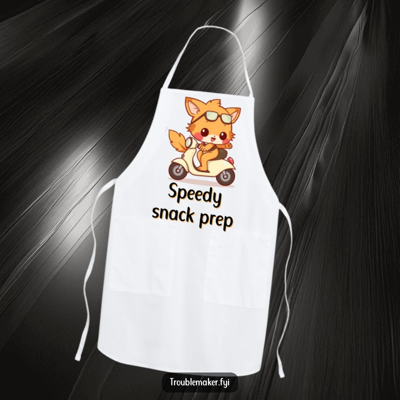 Funny Apron with a mischievous animal character joyfully riding a tiny, runaway scooter, perfect for adding humor to cooking.
