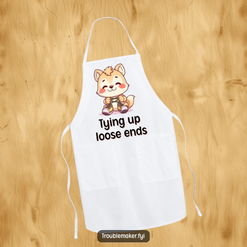 Funny animal character tying shoelaces together with a mischievous grin, on a functional kitchen apron.