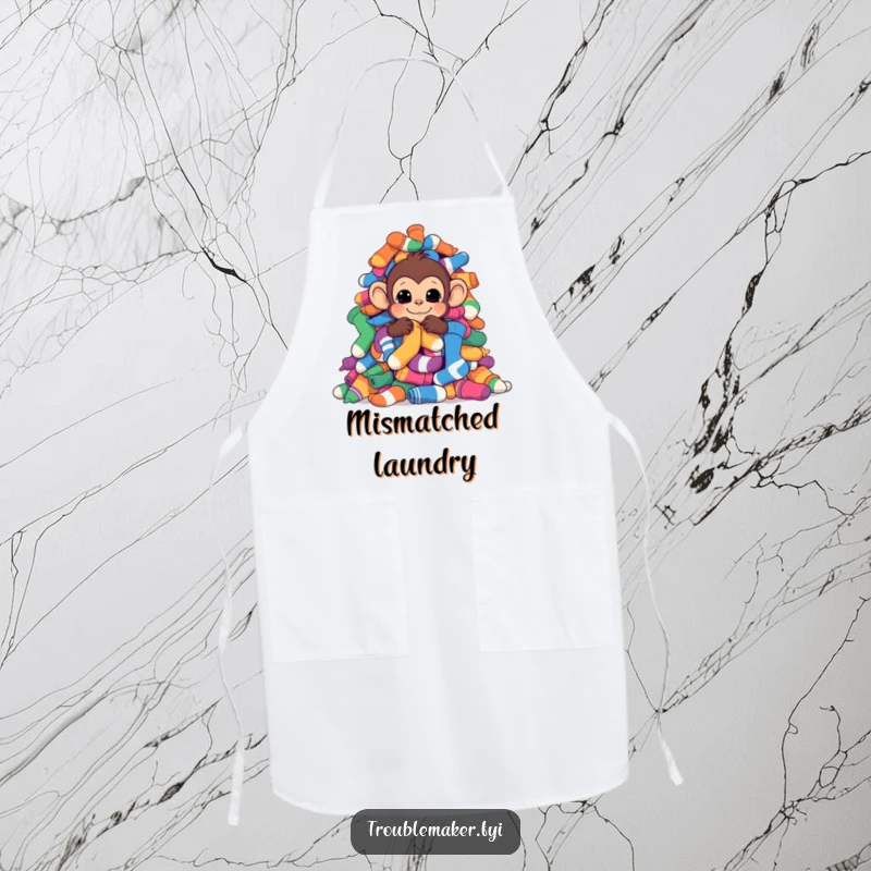 Funny monkey hiding behind colorful socks, illustrated on a functional and fun cooking apron.