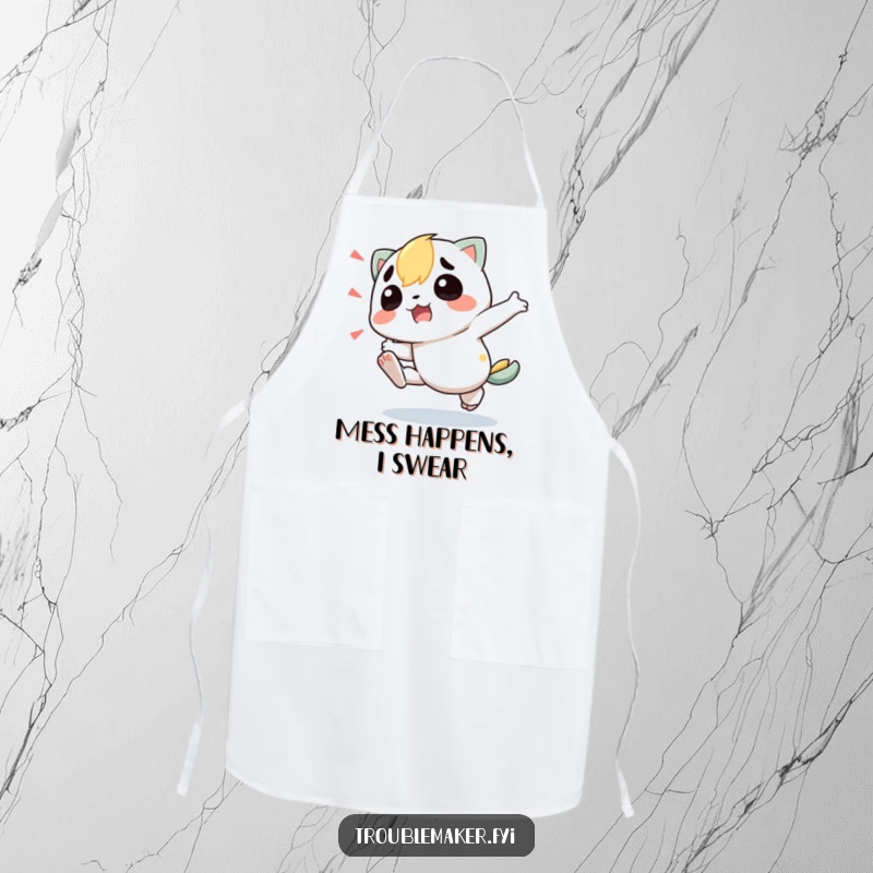Funny Apron showing a troublemaker character comically tripping, perfect for keeping messes at bay while serving up smiles.