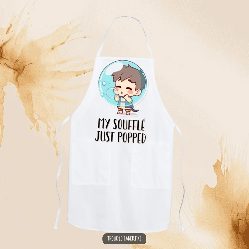 Funny troublemaker character blowing a giant bubble that's about to pop, printed on a kitchen apron, adding humorous chaos to cooking.