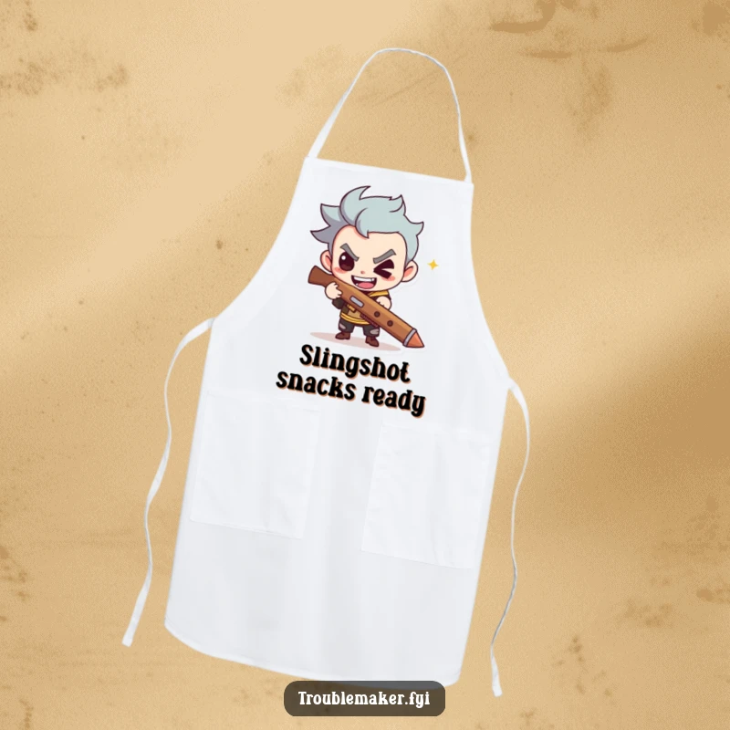 Funny apron shows a cute troublemaker with a mischievous grin holding a slingshot, bringing kitchen fun and a playful spirit.