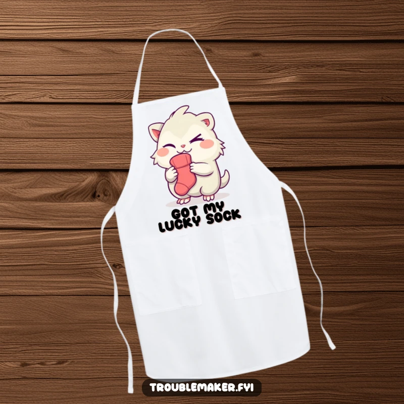 Funny apron illustration of a creature winking and holding a sock, a humorous design for kitchen escapades.