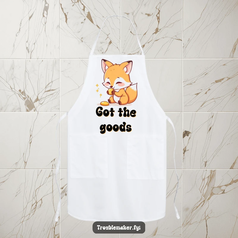 Funny apron featuring a sly fox playfully snatching a shiny kitchen utensil, adding humor to cooking.