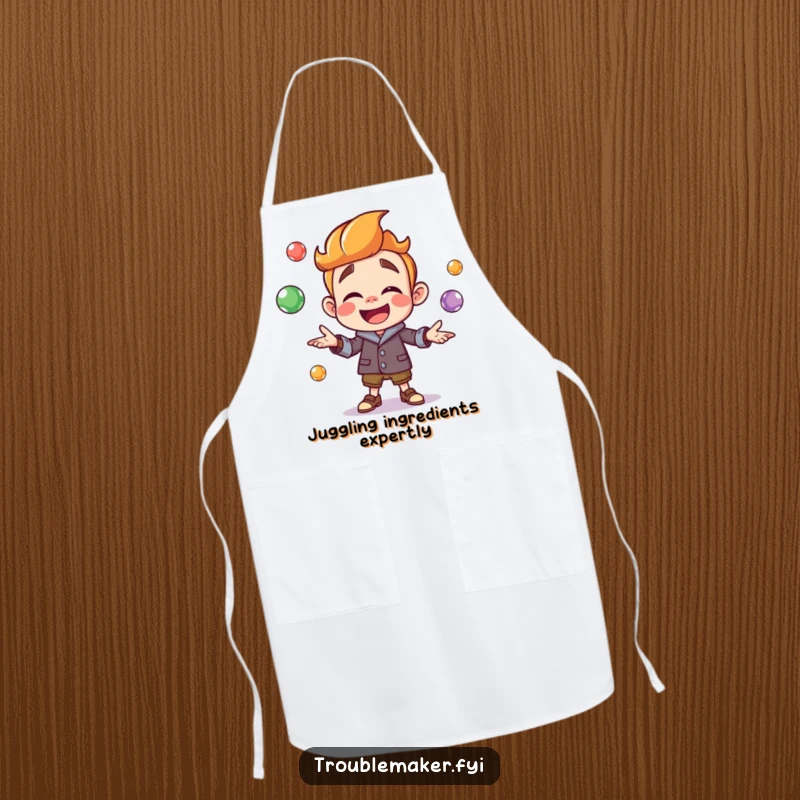 Funny troublemaker character joyfully juggling colorful marbles, printed on a kitchen apron, adding playful charm and vibrant energy to cooking.
