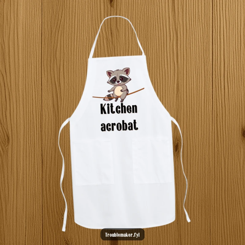 Funny apron featuring a raccoon attempting a comical tightrope walk, perfect for humorous cooking and kitchen adventures.