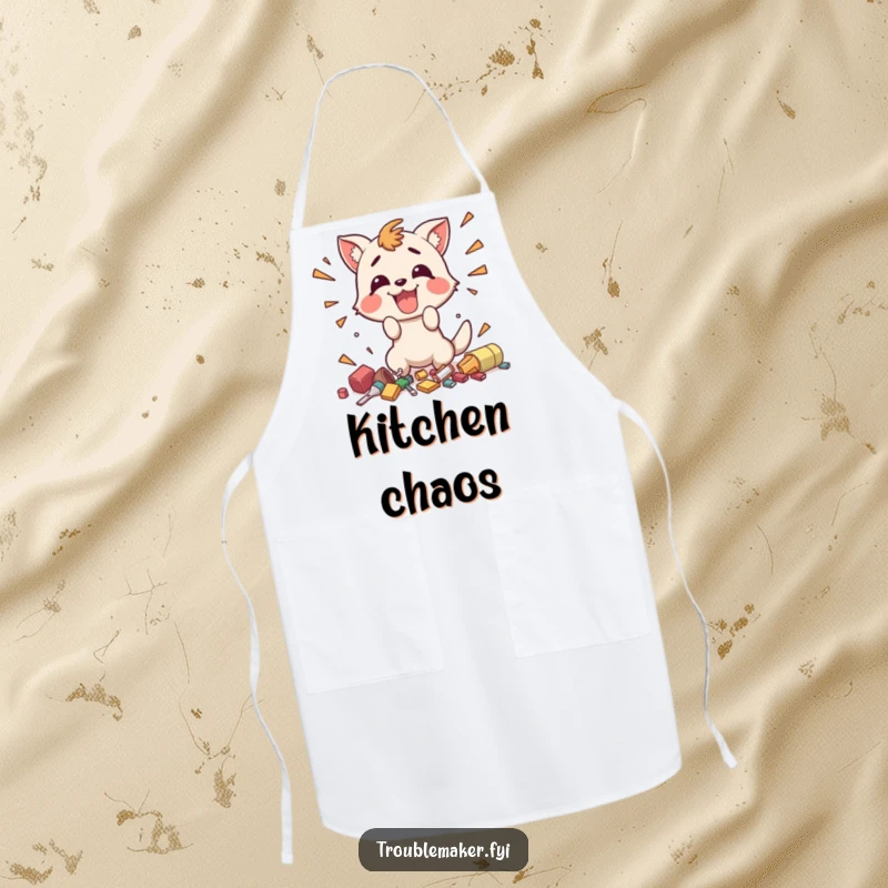 Funny apron with a happy animal character enthusiastically making small, chaotic messes, suggesting playful kitchen fun and humor.