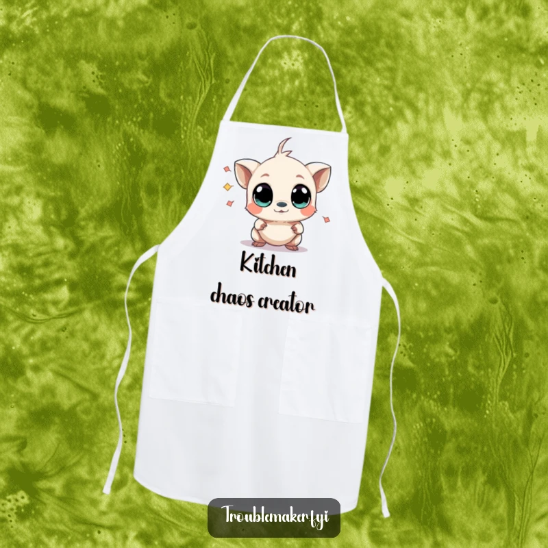 Funny apron depicting a small creature with wide, curious eyes causing mild chaos, perfect for adding humor and personality to kitchen tasks.