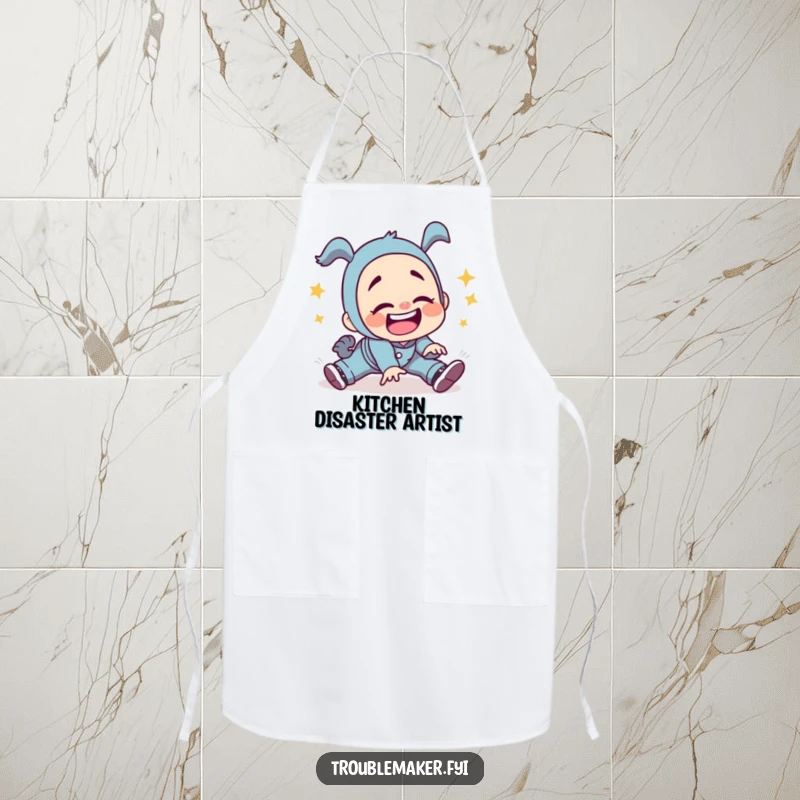 Funny troublemaker character tripping with a silly grin, printed on a kitchen apron, adding a humorous touch to cooking and baking.