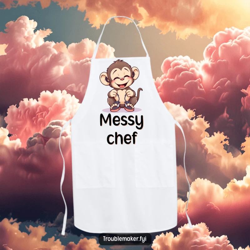 Funny apron with a giggling monkey tying tiny shoelaces together, ideal for cooks who enjoy pranks and humor.