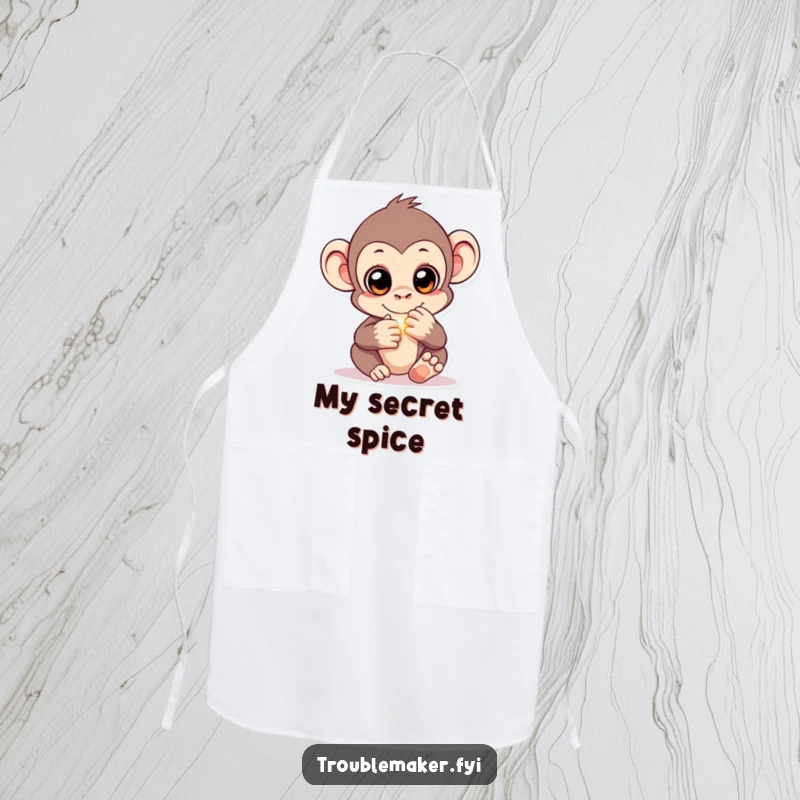 Funny apron showing a monkey with sparkling eyes, hiding a shiny object, perfect for kitchen fun and strategic meal preparation.