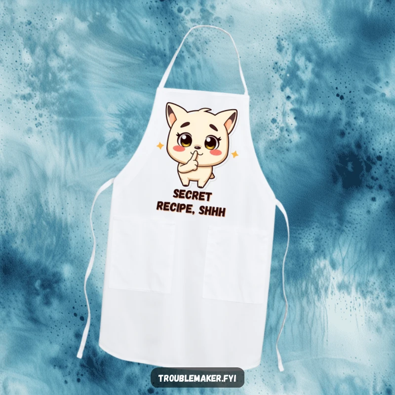 Funny apron showing a troublemaker character doing a shushing gesture, great for kitchen intrigue.
