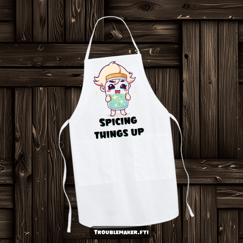 Funny Apron showing a troublemaker character holding a jar of sparkling mischief, perfect for keeping clothes clean while serving up smiles.