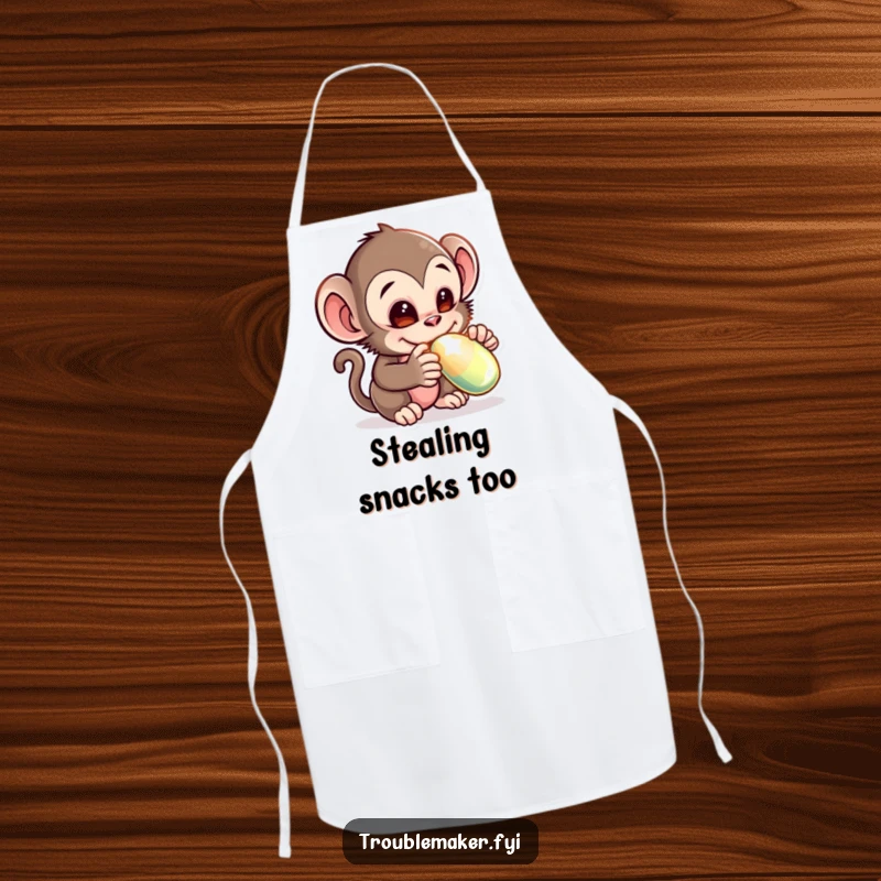 Funny apron depicting a mischievous monkey creature adorably stealing a shiny object, perfect for a chef who loves to add humor to cooking.