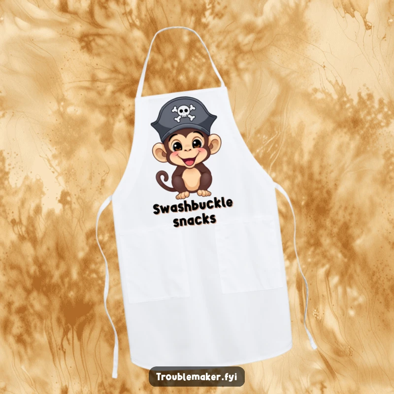 Funny monkey pirate wearing a hat, holding a whisk, illustrated on a functional cooking apron.
