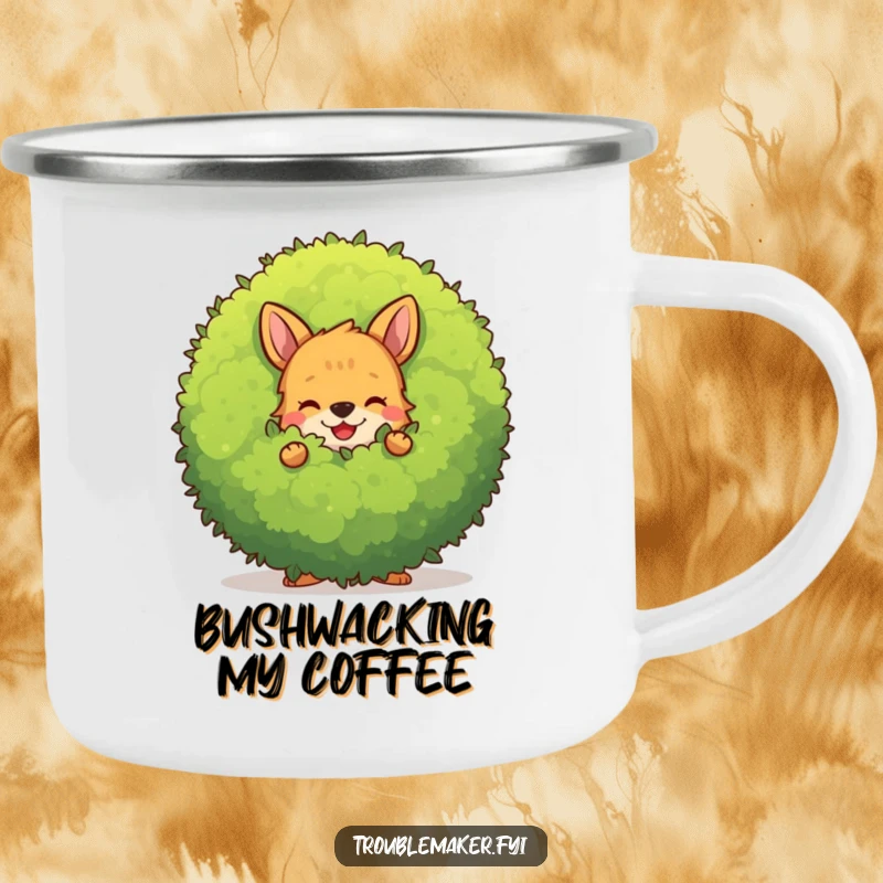Funny mischievous animal character hiding behind a large, smiling bush, on a rugged camping mug.