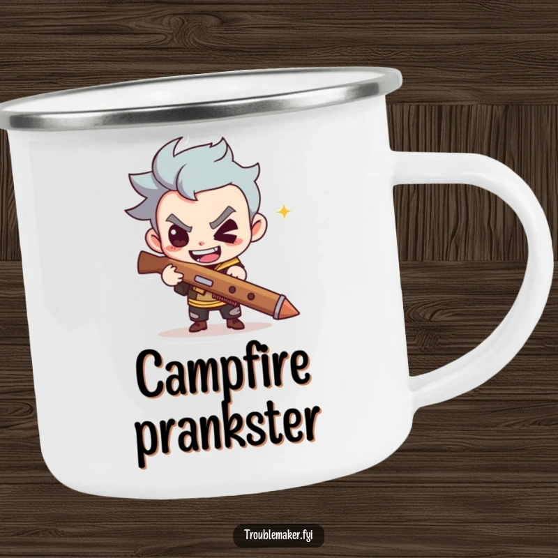 Funny camping mug depicts a cute troublemaker with a mischievous grin holding a slingshot, perfect for outdoor fun.