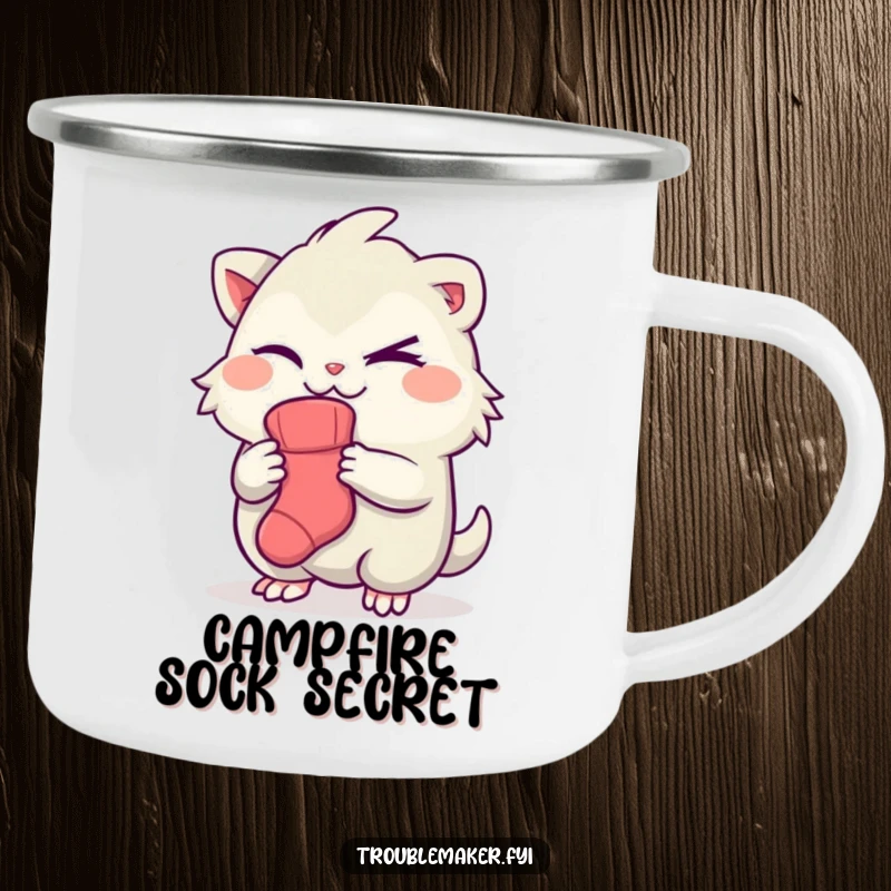 Funny camping mug design of a creature giving a mischievous wink while holding a sock, a humorous symbol of campfire tales.