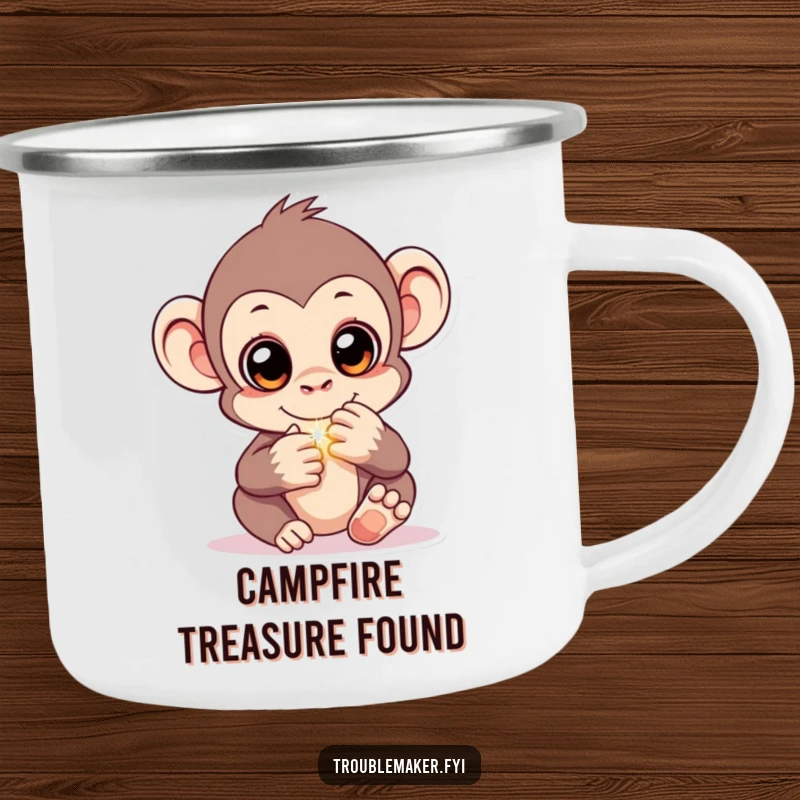 Funny camping mug showing a monkey with sparkling eyes, hiding a shiny object, perfect for outdoor adventures and mysterious sips.