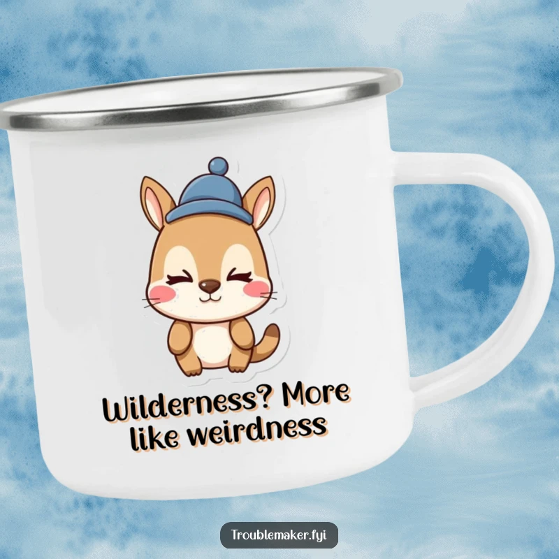 Funny animal character camping mug, pulling a silly face, wearing a funny hat, ready for rugged, humorous expeditions.
