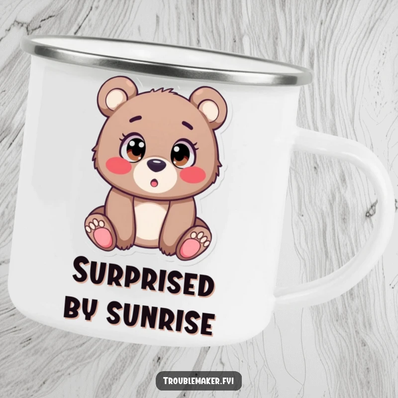 Funny Camping Mug illustration of a curious bear cub with wide eyes, looking surprised by a woodland scene, embodying adventurous spirit and humor.