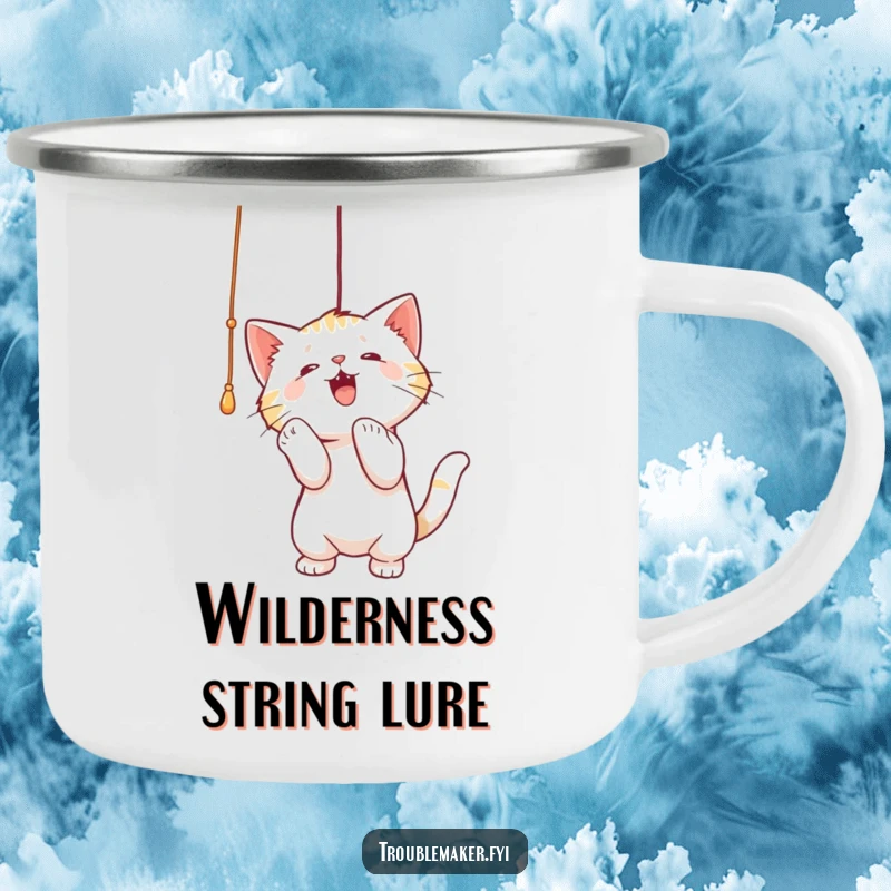 Funny camping mug featuring a cat playfully batting at a dangling string, designed for outdoor enjoyment and cat lovers.