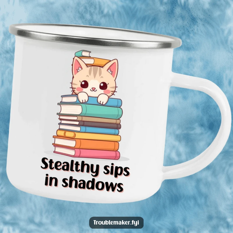 Funny cat camping mug with a mischievous cat peeking over books, ideal for outdoor reading and humorous travel.