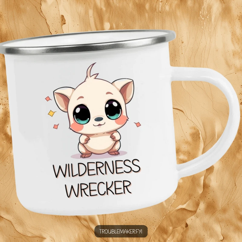 Funny camping mug featuring a small creature with wide, curious eyes causing mild chaos, perfect for enjoying beverages outdoors with a humorous companion.