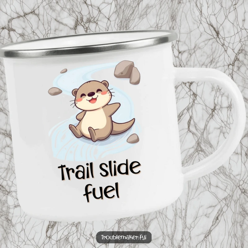 Funny camping mug with a cheerful otter character sliding down a riverbank, perfect for sipping drinks outdoors.