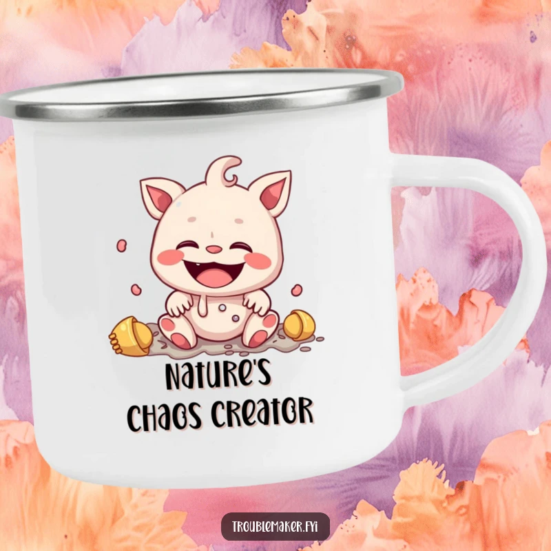 Funny camping mug design of a creature with an innocent smile making a mess, a humorous symbol of joyful outdoor experiences.
