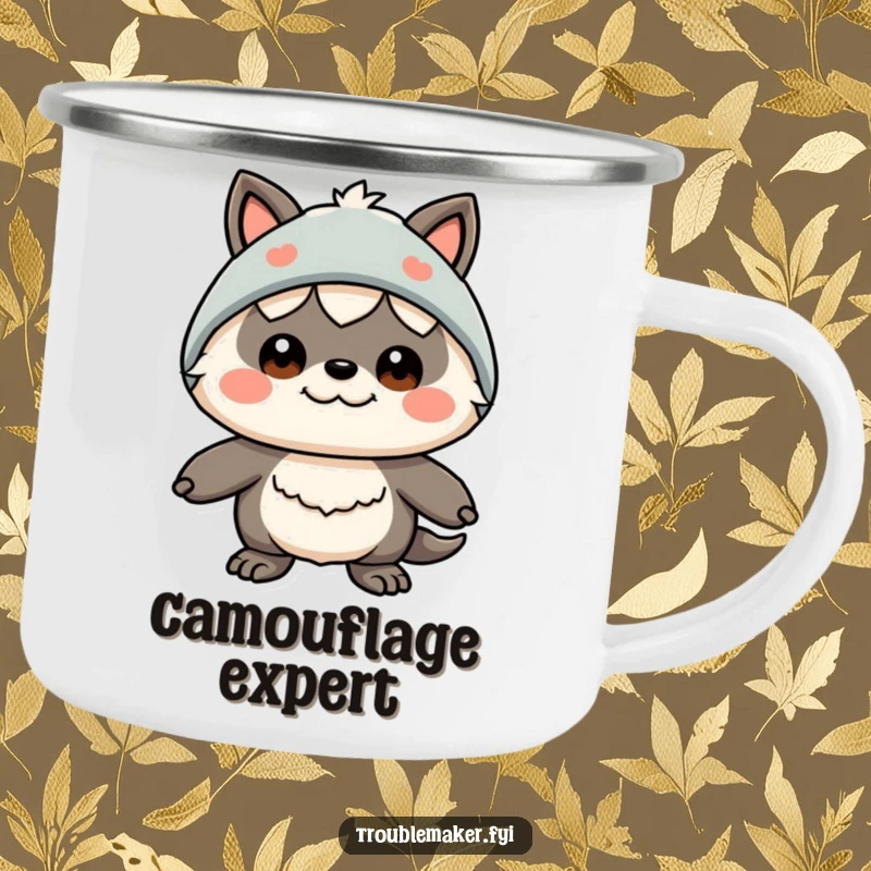 Funny camping mug featuring a creature with a funny expression and a silly disguise, perfect for enjoying beverages outdoors with a humorous twist.